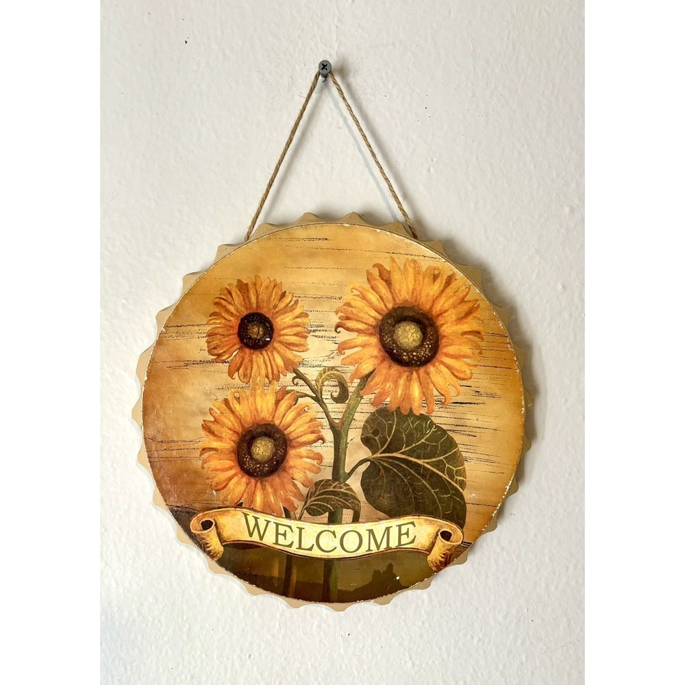 Vintage Sunflower Welcome Door Hanger Round Floral Design‎